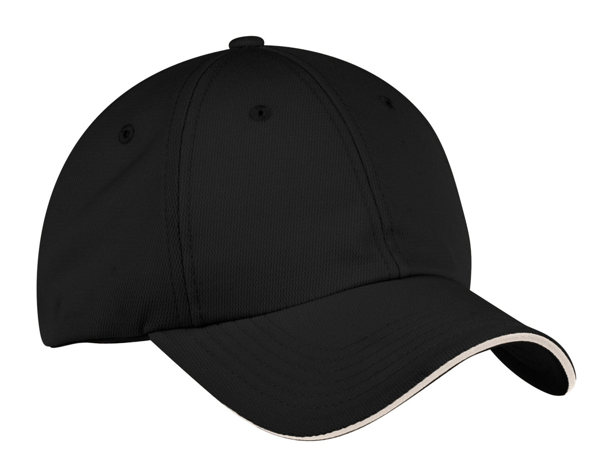 Black Port Authority Dry Zone cap with adjustable front view, showcasing lightweight, moisture-wicking fabric and classic design.