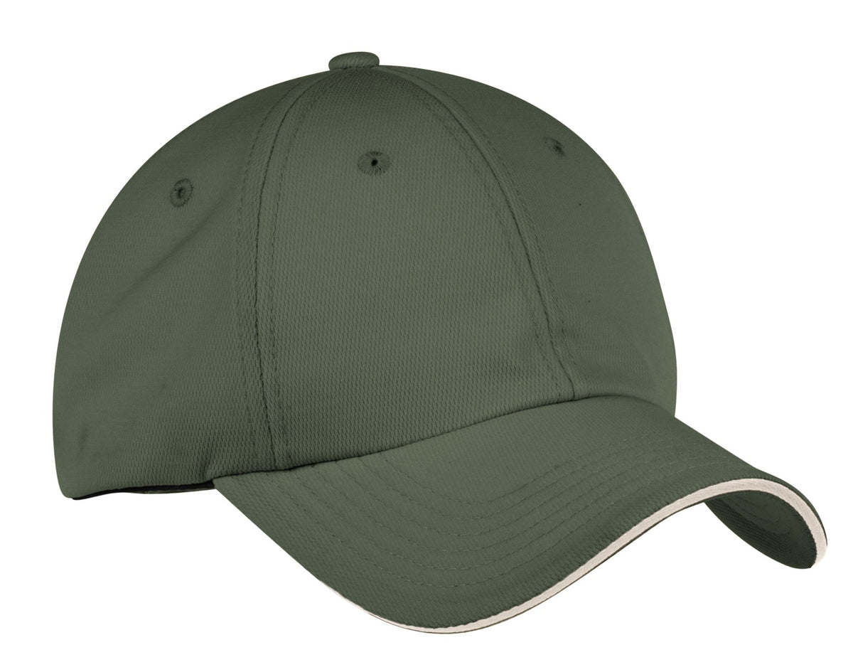 Olive green Port Authority Dry Zone cap with front logo embroidery, lightweight and adjustable for a comfortable fit.