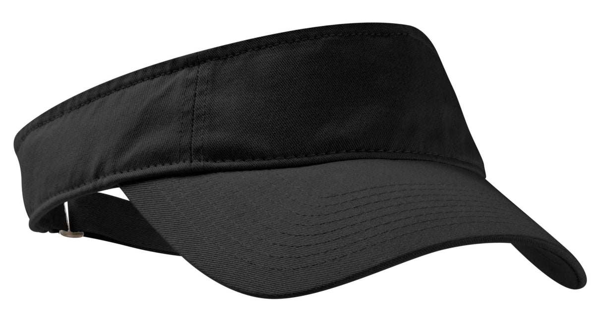 Black Port Authority enzyme wash fashion visor with a flat brim and adjustable strap, displayed from the front view.