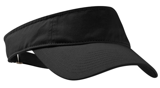 Black Port Authority enzyme wash fashion visor with a flat brim and adjustable strap, displayed from the front view.