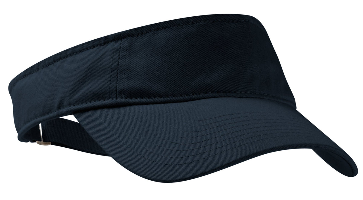 Port Authority enzyme wash fashion visor in classic navy, showing a flat front design and adjustable strap on the head.