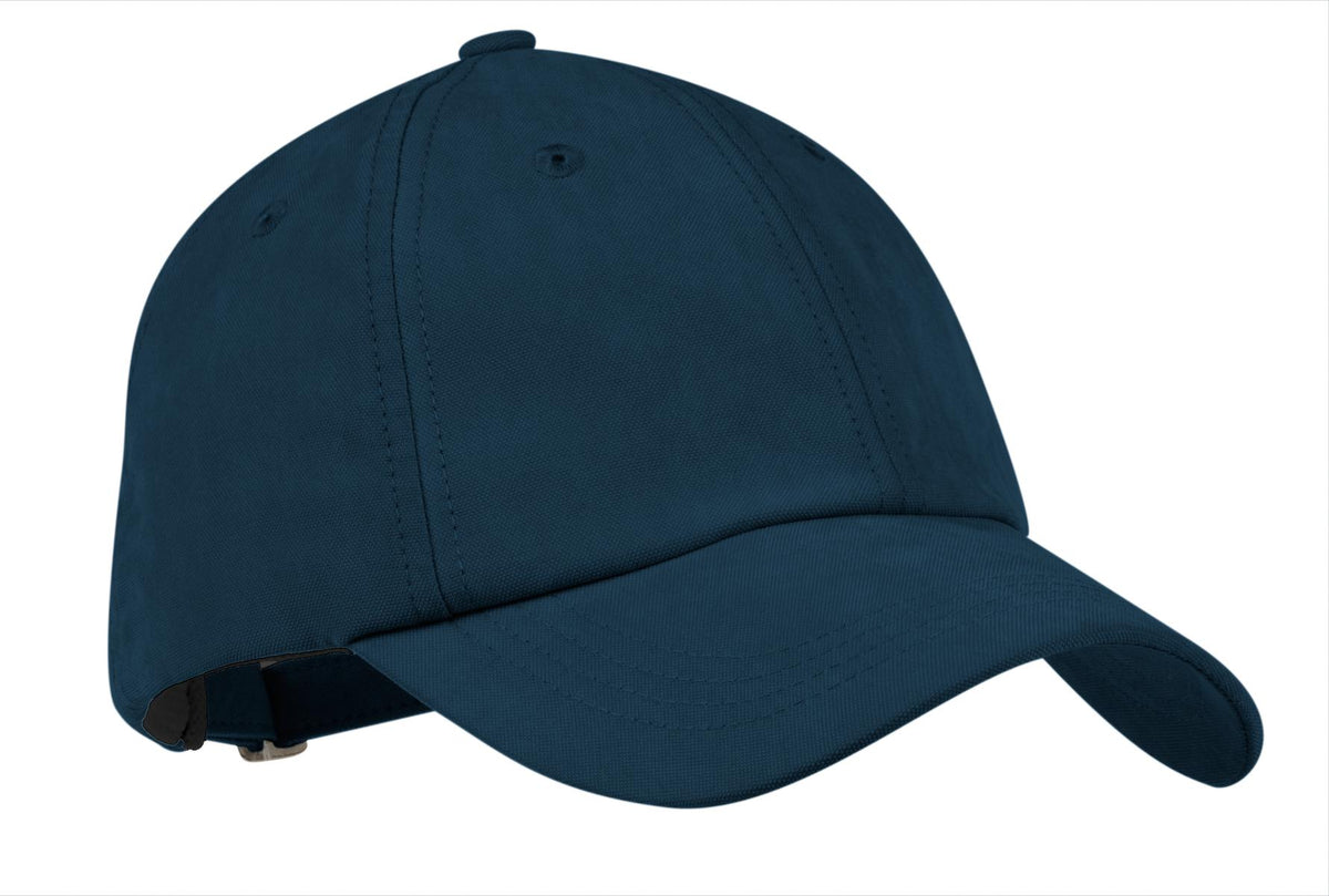Bright navy Port Authority sueded cap with front panel and curved brim, showcasing casual, stylish headwear.