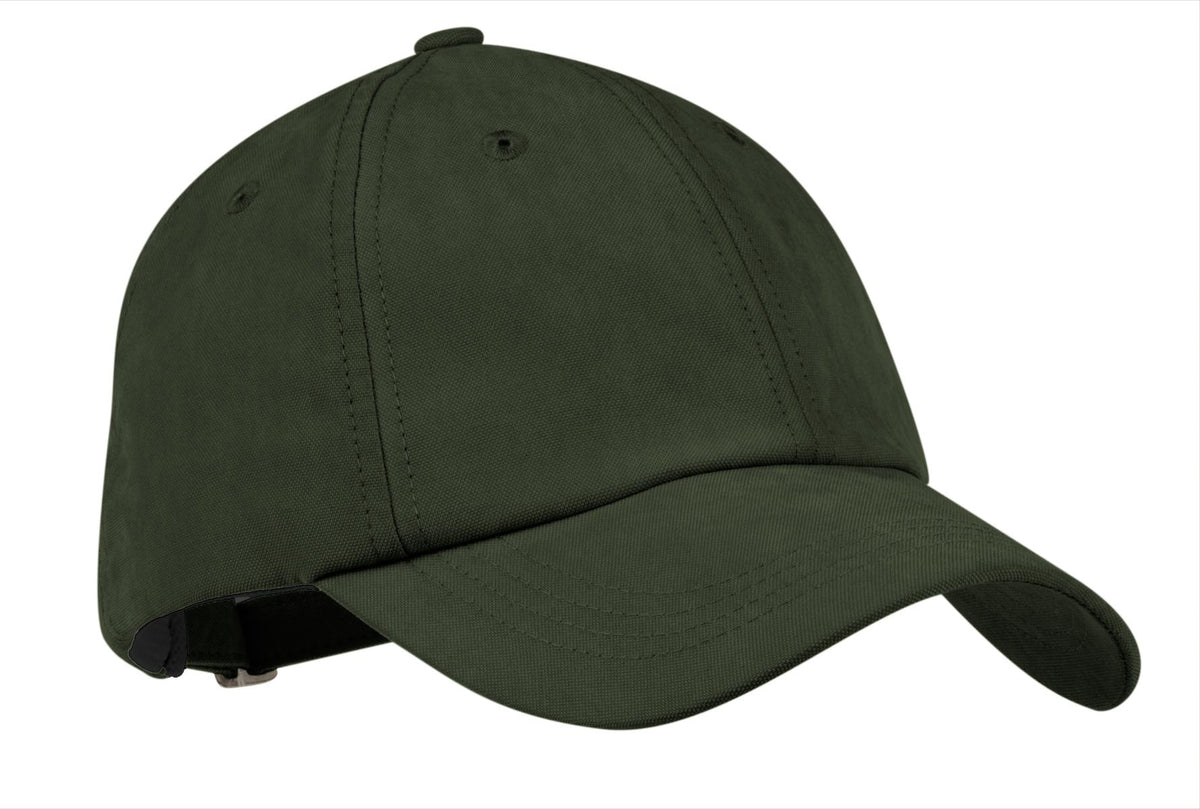 Olive Port Authority Sueded Cap, C850, front view showing soft suede fabric and structured baseball cap design.