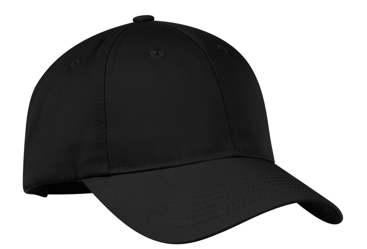 Black Port Authority nylon twill performance cap with front panel and curved brim, shown from a front view.