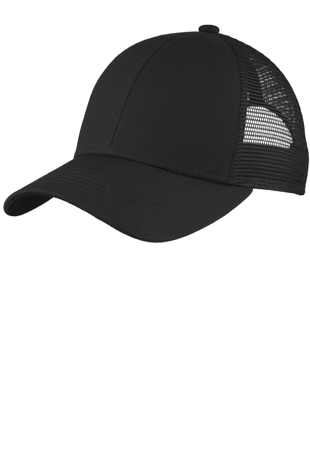 Black Port Authority adjustable mesh back cap with front view, showing breathable mesh panels and curved brim.