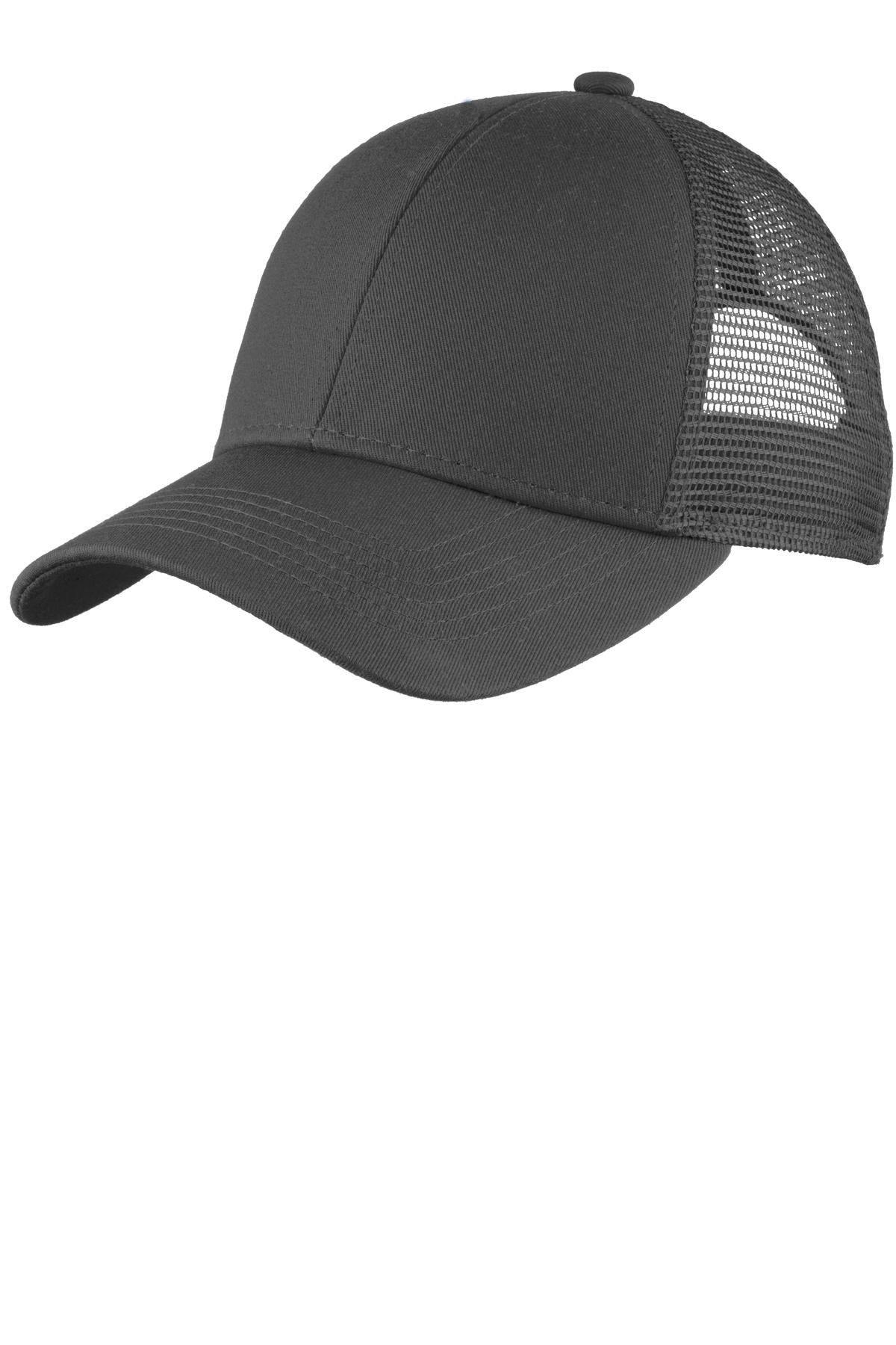 Port Authority adjustable mesh back cap in carbon grey, front view showing curved brim and breathable mesh panels.