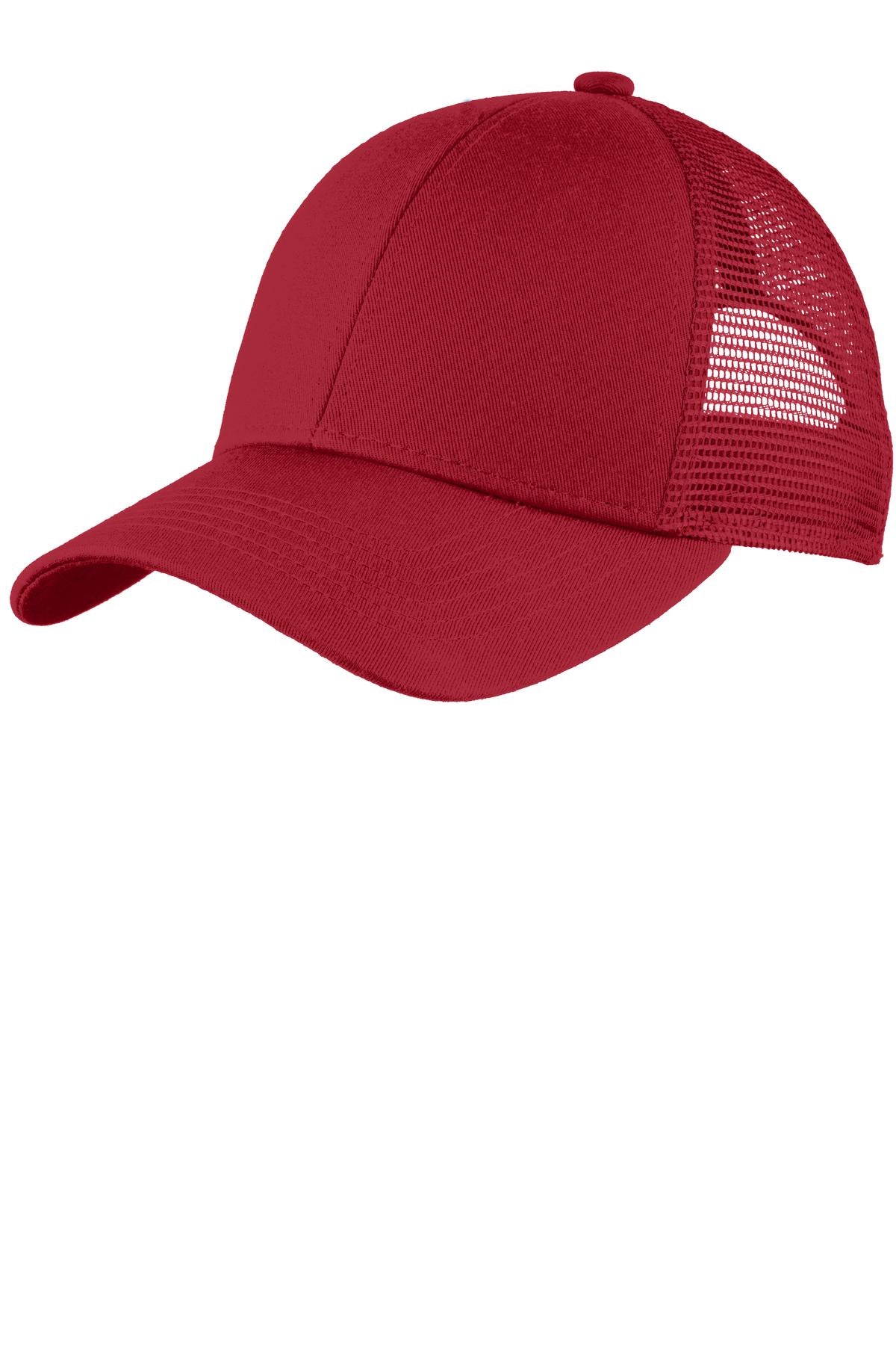 Red Port Authority adjustable mesh back cap with front logo and curved brim, casual men's headwear.