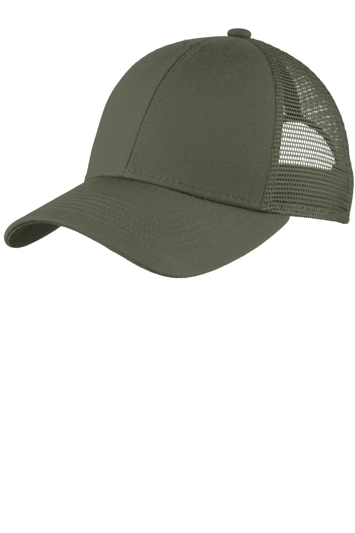 Port Authority adjustable mesh back cap in sage green, front view showing structured design and curved brim.