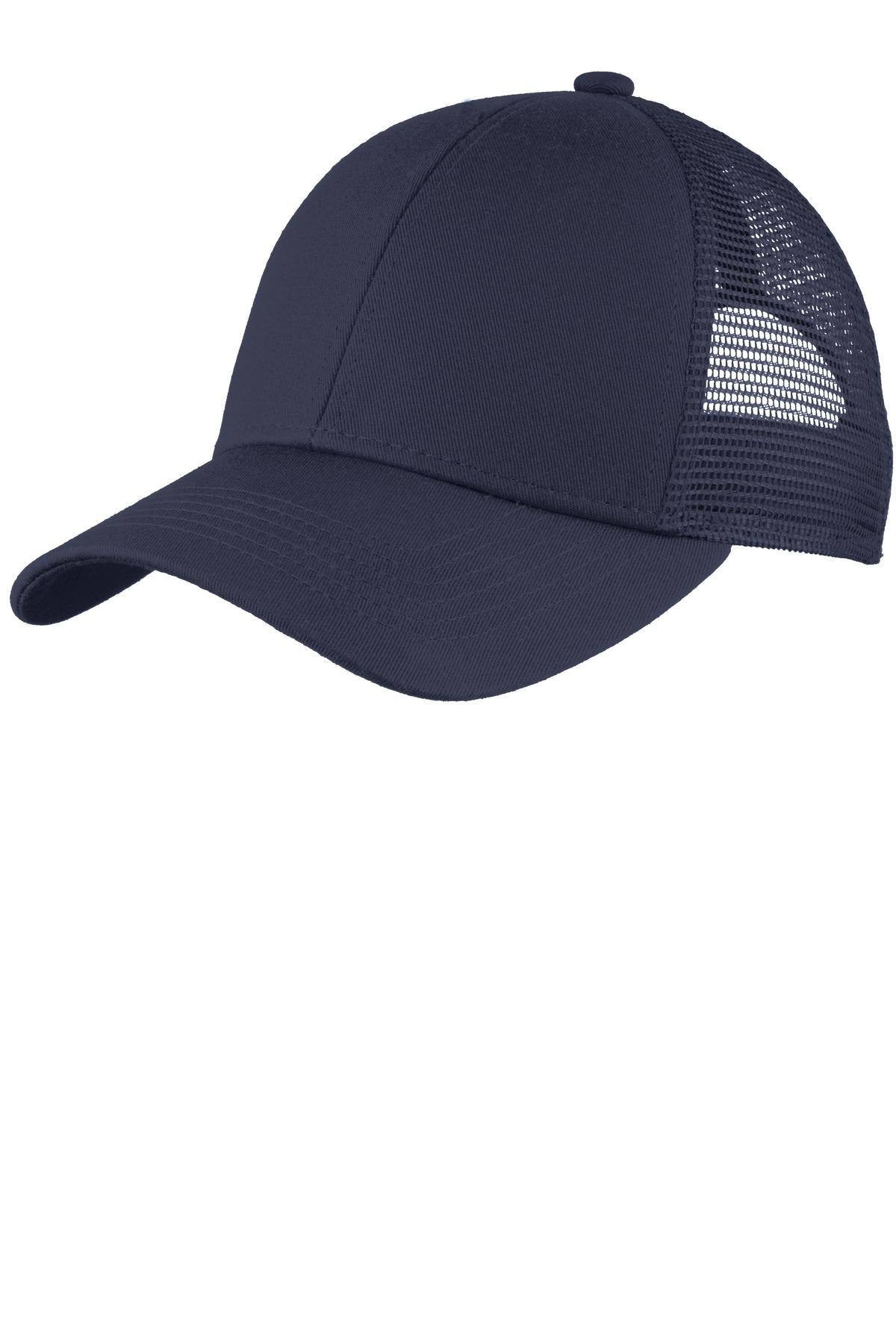 Port Authority adjustable mesh back cap in true navy color with front view showing the curved brim and breathable mesh panels.