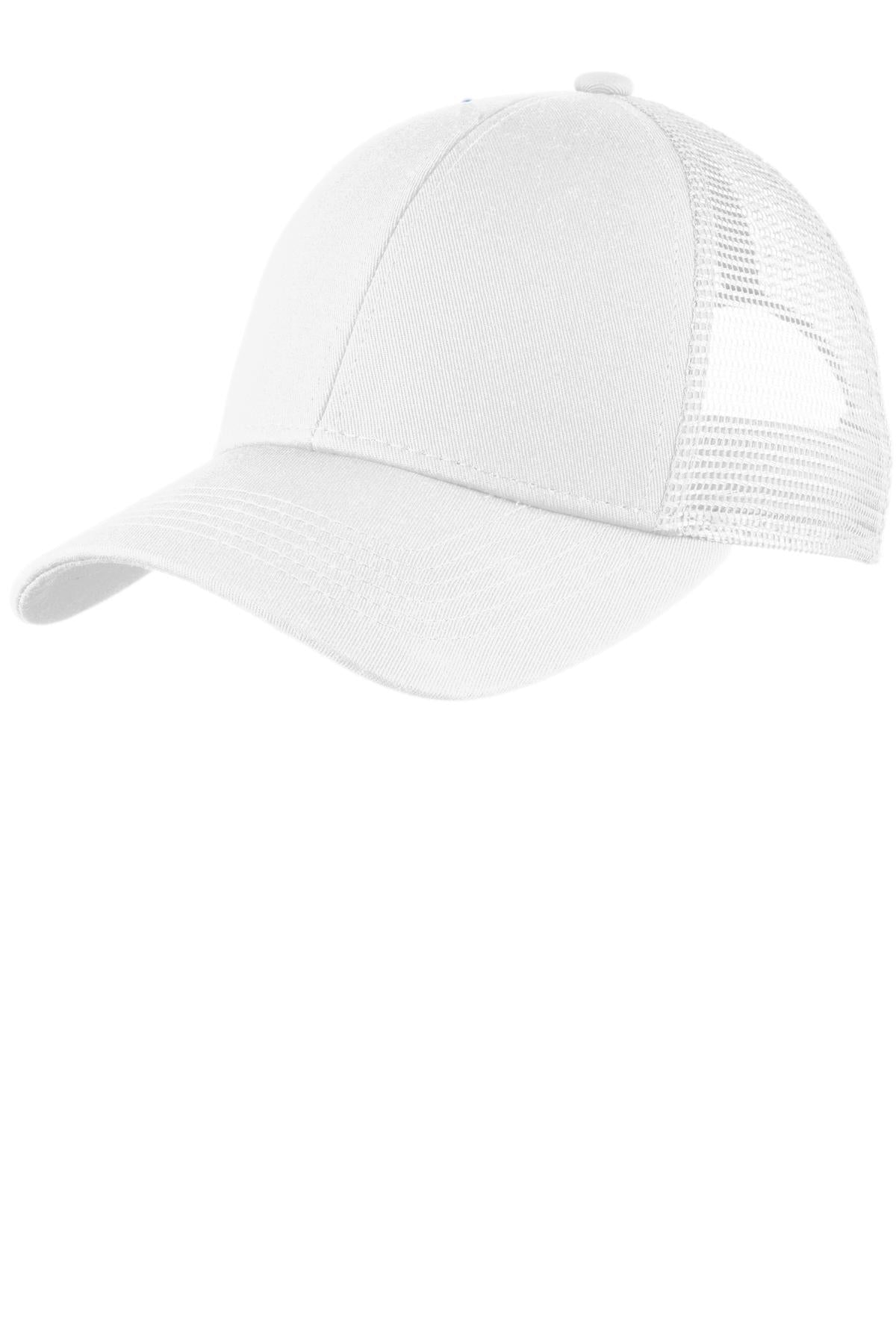 White Port Authority adjustable mesh back cap with front logo, breathable design, and curved brim for casual outdoor wear.