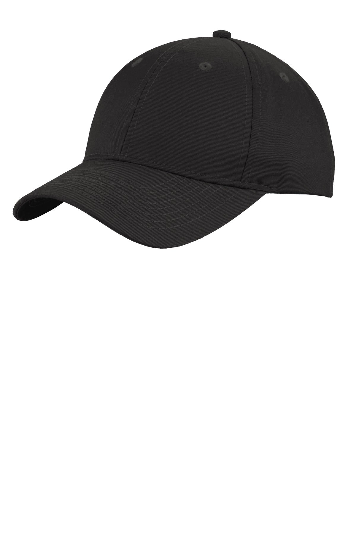 Black Port Authority ® Uniforming Twill Cap with curved brim and adjustable strap, front view showing branding details.