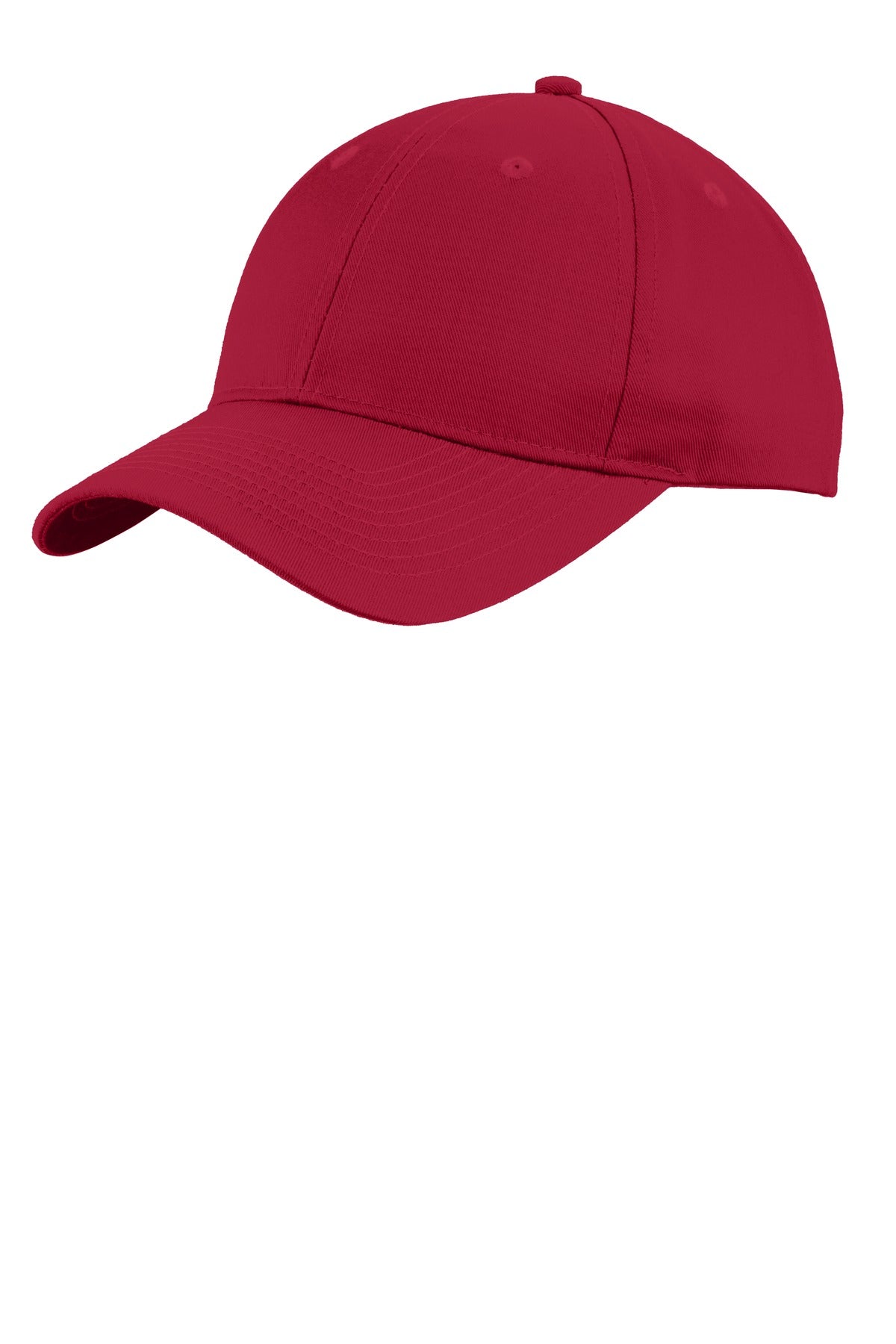 Red Port Authority uniforming twill cap with curved brim and adjustable strap, front view showing embroidered logo.