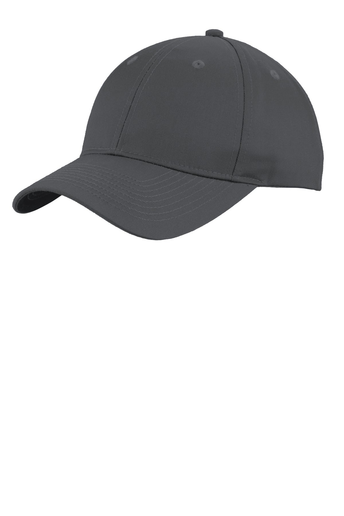 Port Authority uniforming twill cap in steel grey, front view showing classic design and adjustable strap.