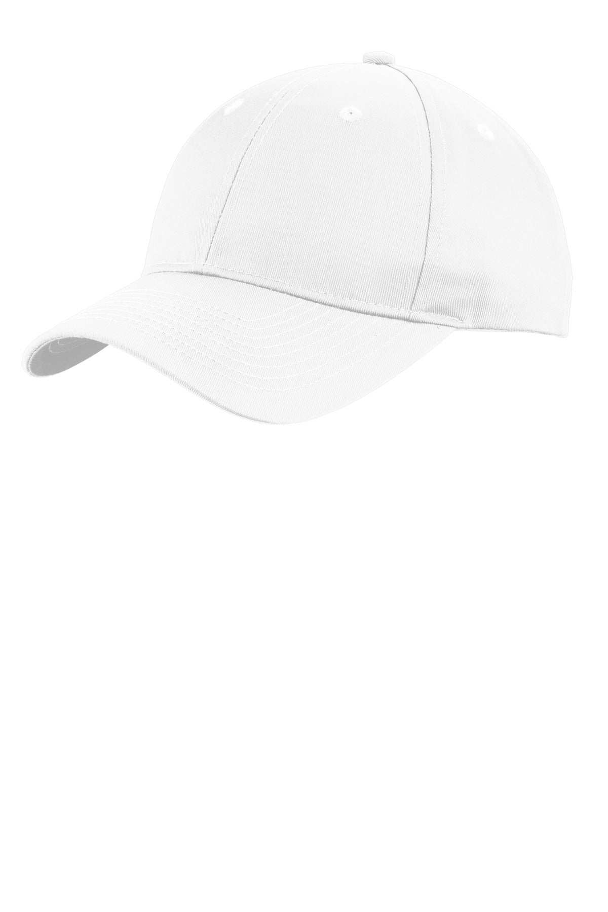 White Port Authority ® Uniforming Twill Cap with curved brim and adjustable strap, front view showing stitching details.
