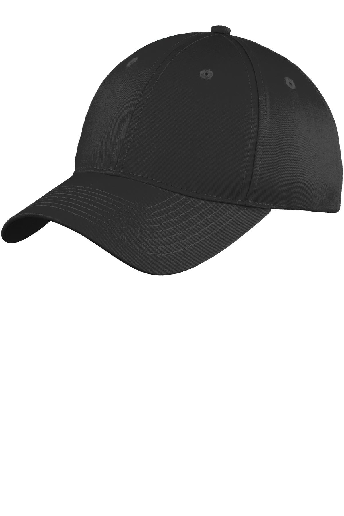 Black Port Authority six-panel unstructured twill cap with curved brim and adjustable strap, front view showing stitching details.