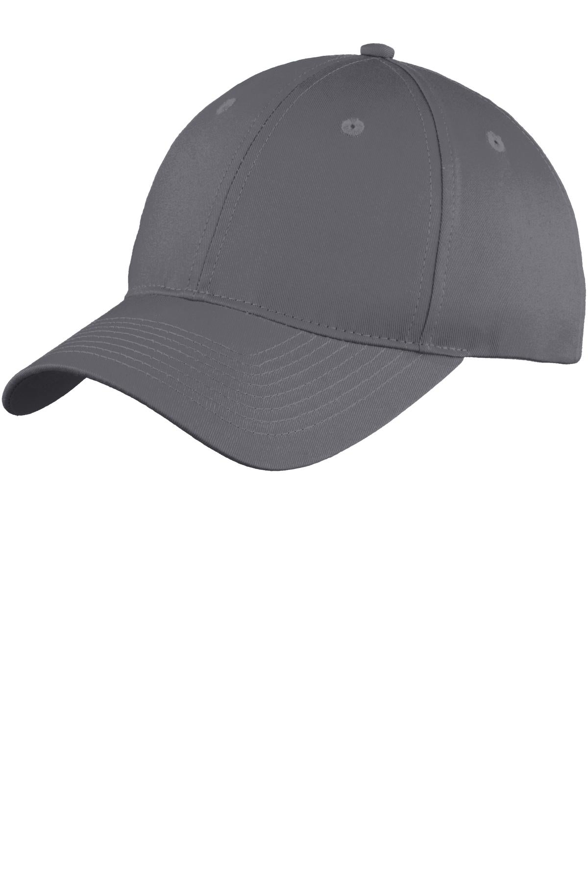 Charcoal Port Authority six-panel unstructured twill cap shown from the front, featuring a relaxed fit and classic design.