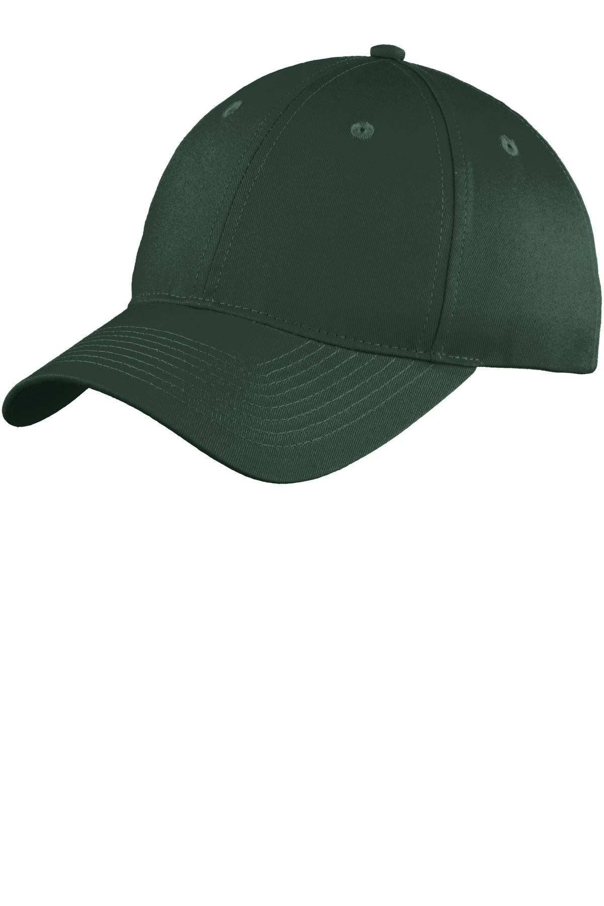 Port Authority six-panel unstructured twill cap in hunter green, showing the front view with adjustable strap and curved brim.