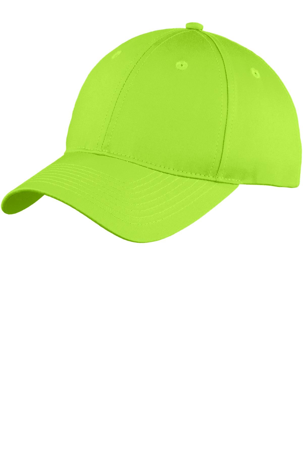 Lime green Port Authority six-panel unstructured twill cap with curved brim and adjustable strap, front view.
