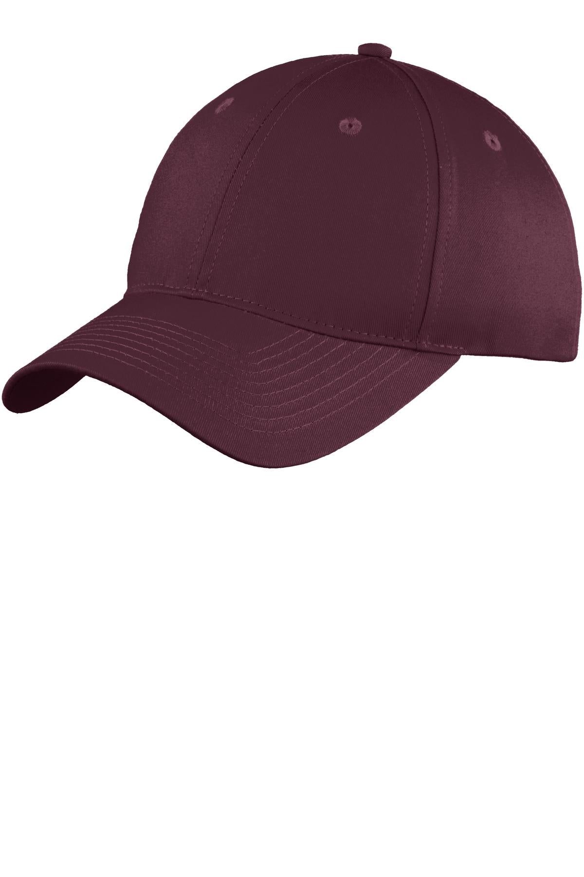 Maroon Port Authority six-panel unstructured twill cap with curved brim and adjustable strap, front view showing logo embroidery.