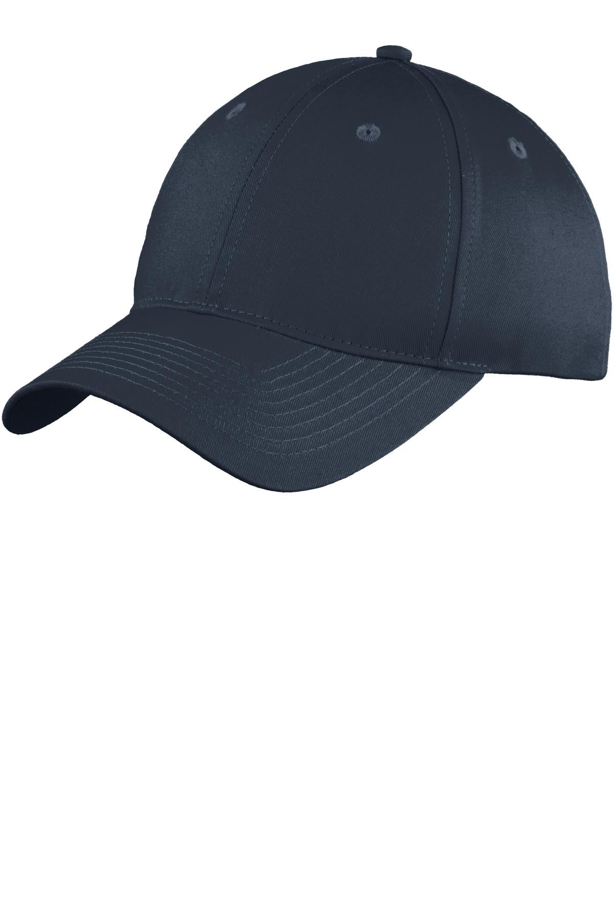 Navy Port Authority six-panel unstructured twill cap with curved brim and adjustable strap, front view.