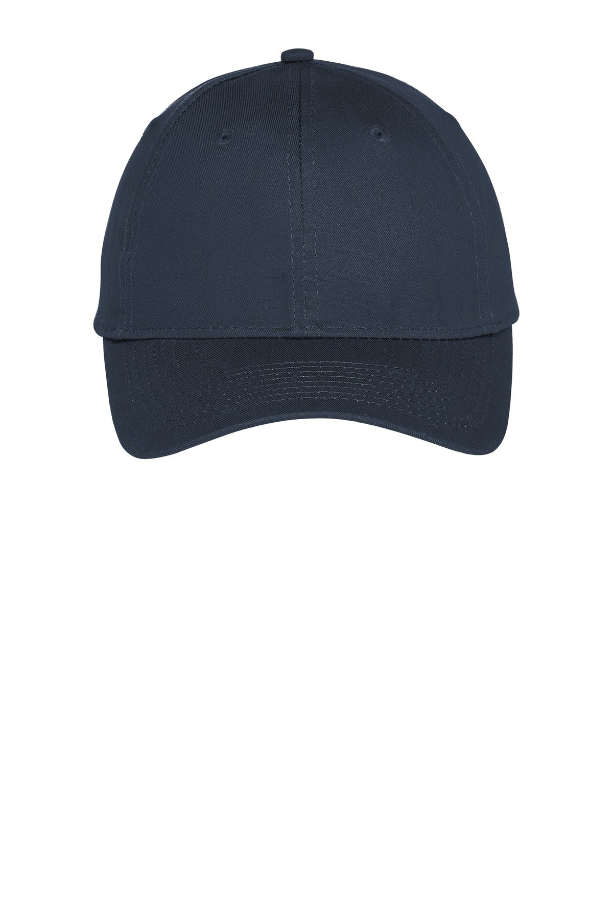 Navy Port Authority six-panel unstructured twill cap with curved brim and adjustable strap, front view.