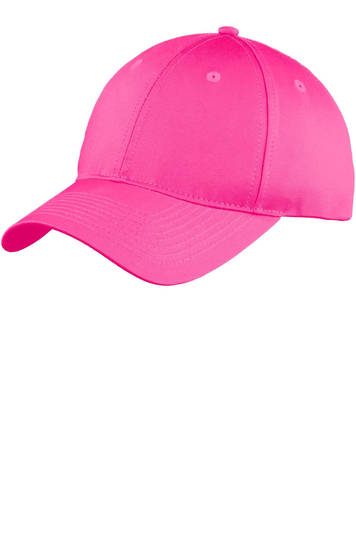Port Authority six-panel unstructured twill cap in neon pink, front view showing casual, lightweight design and adjustable strap.