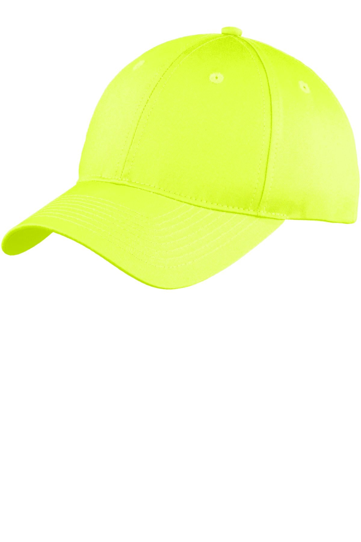 Port Authority six-panel unstructured twill cap in neon yellow, front view showing adjustable strap and casual style.