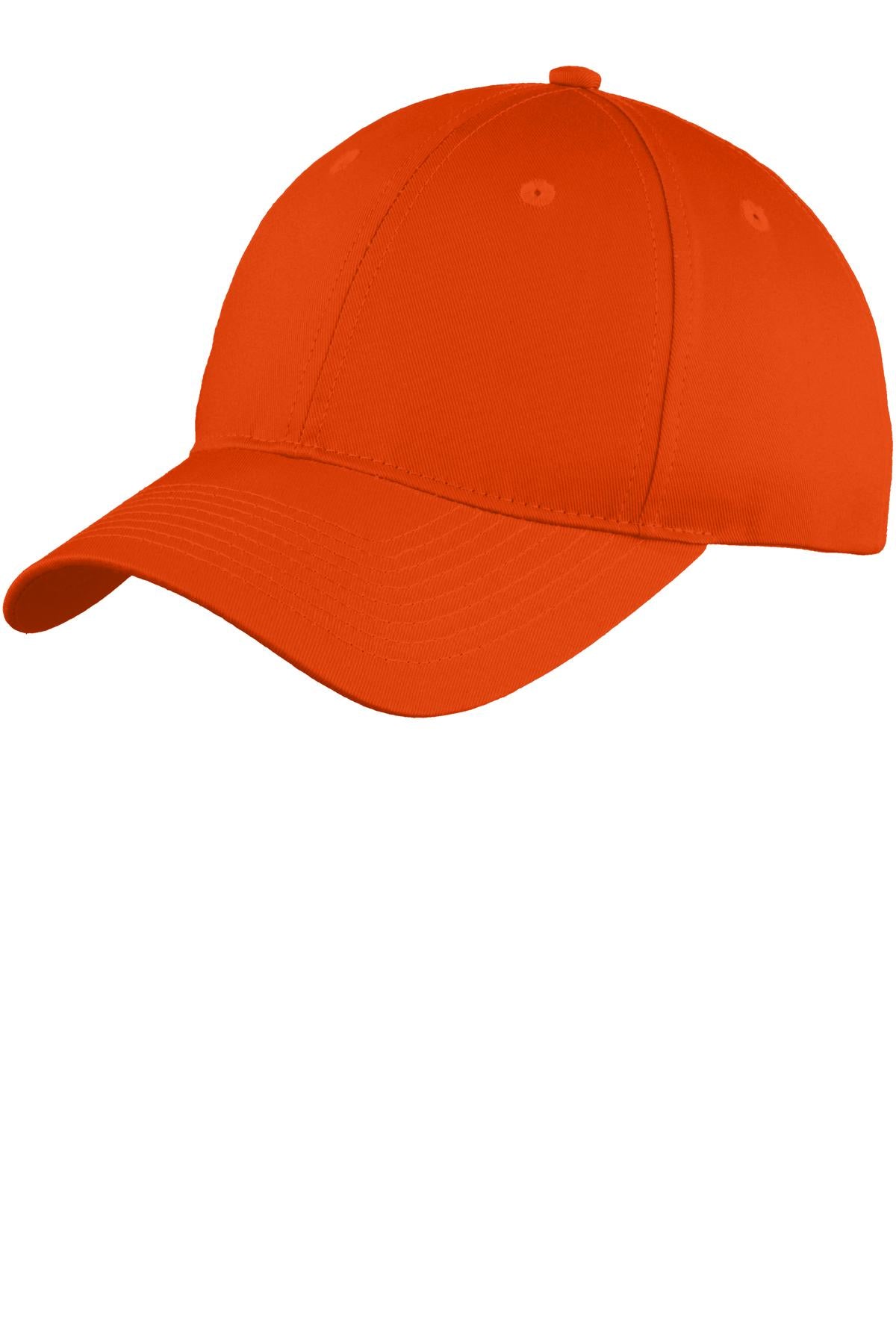 Orange Port Authority six-panel unstructured twill cap with front view, showcasing casual baseball cap style and embroidered branding.