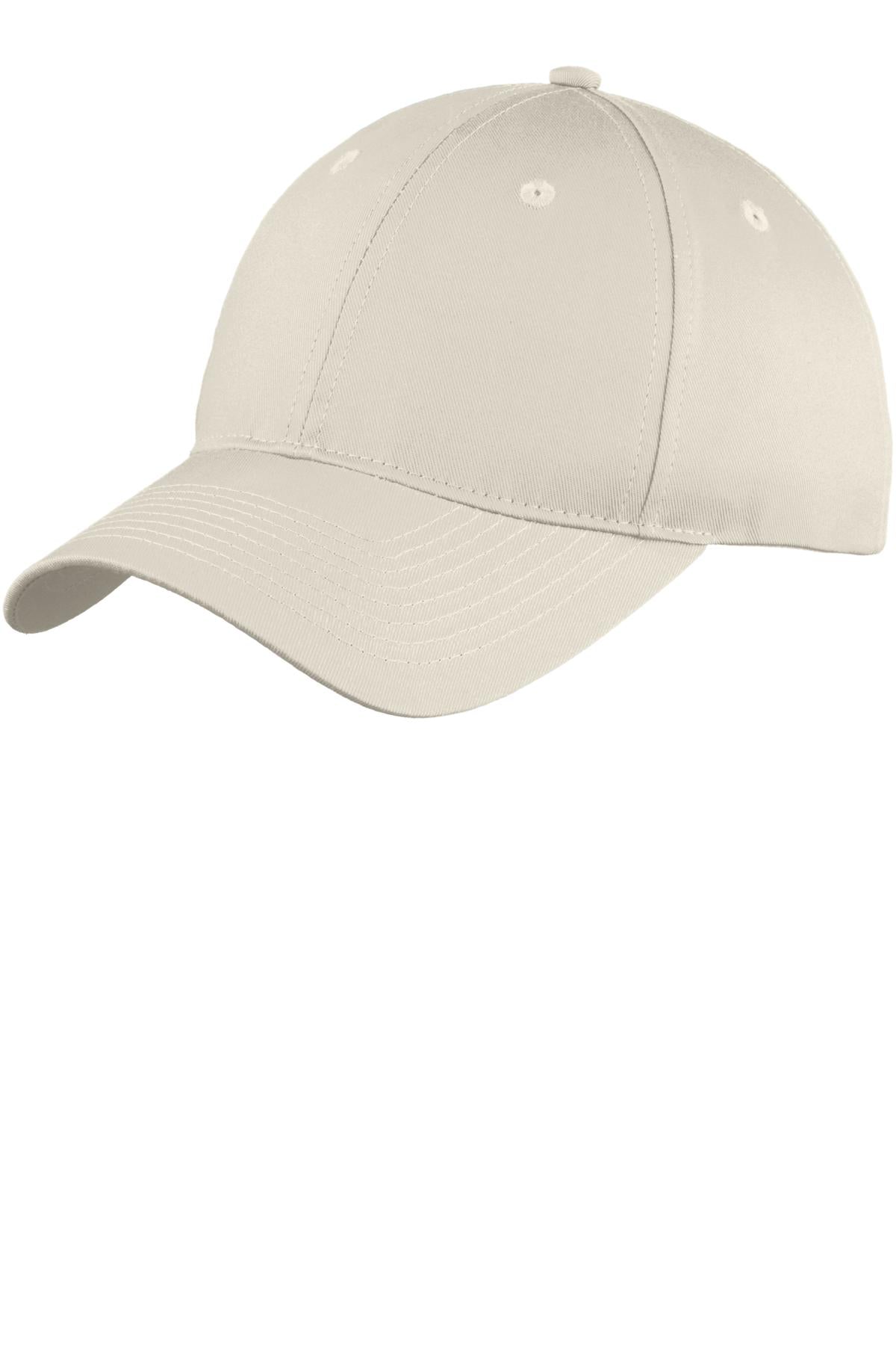 Port Authority six-panel unstructured twill cap in oyster color, shown from the front. Casual style with a curved brim and adjustable strap.