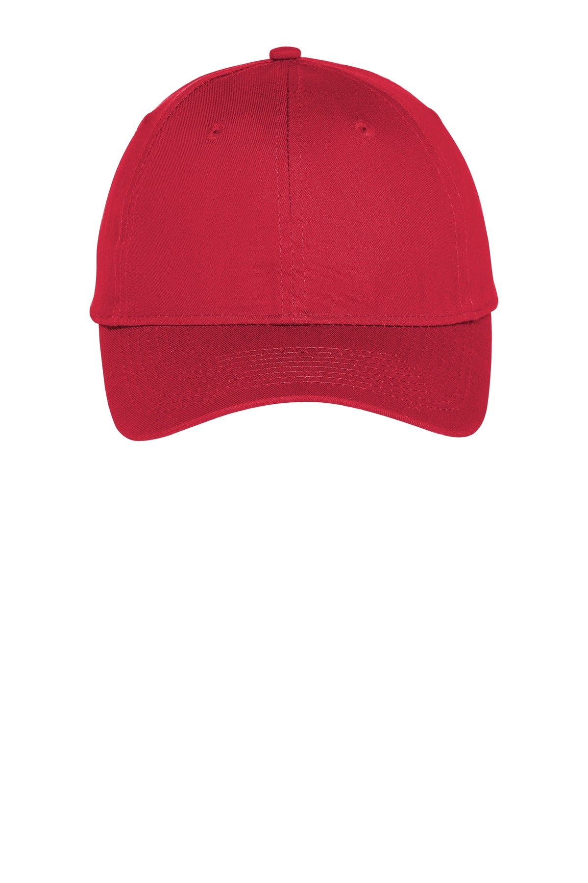 Red Port Authority six-panel unstructured twill cap shown from the full front view.