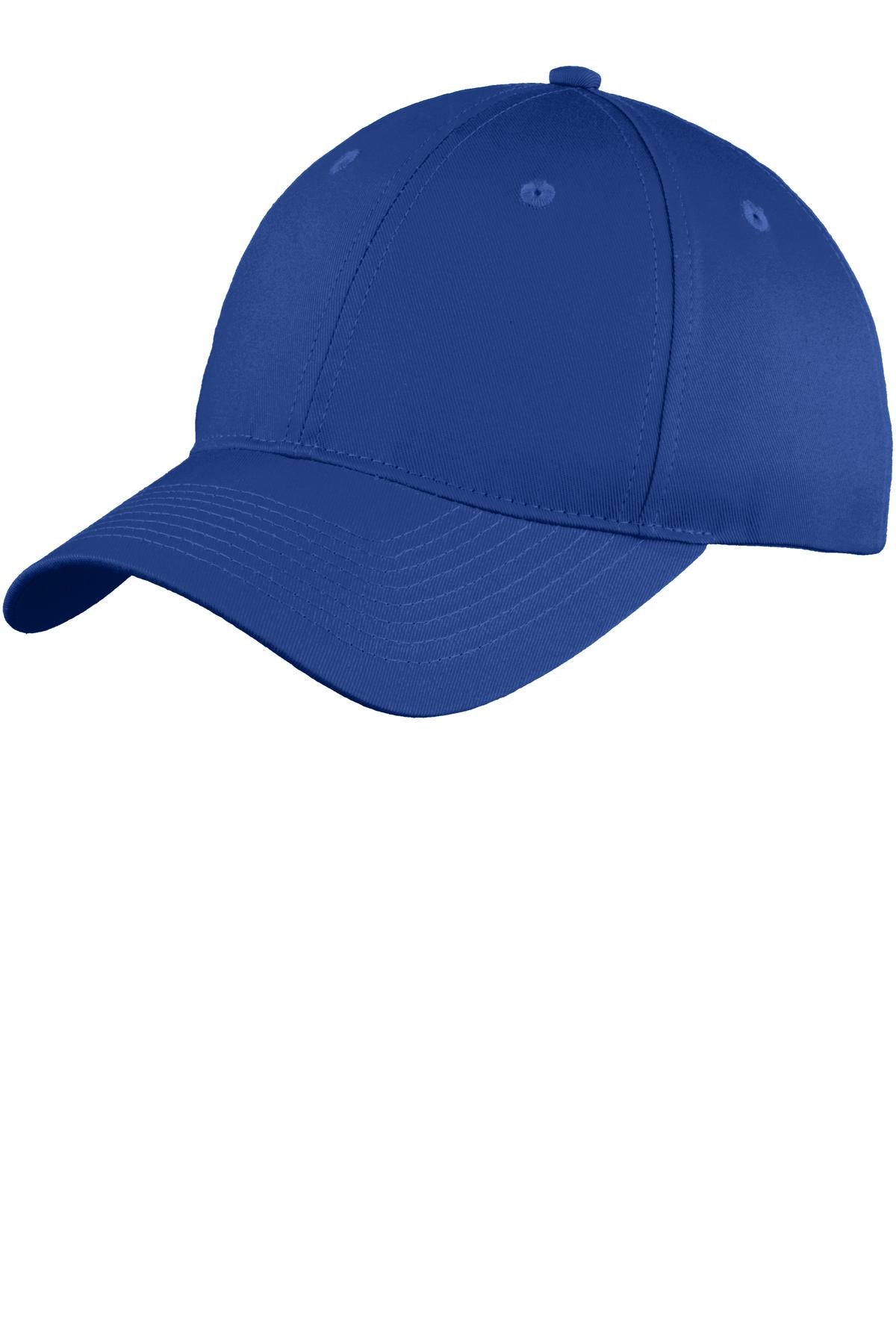 Royal blue Port Authority six-panel unstructured twill cap with front panel and curved brim, shown from the front.