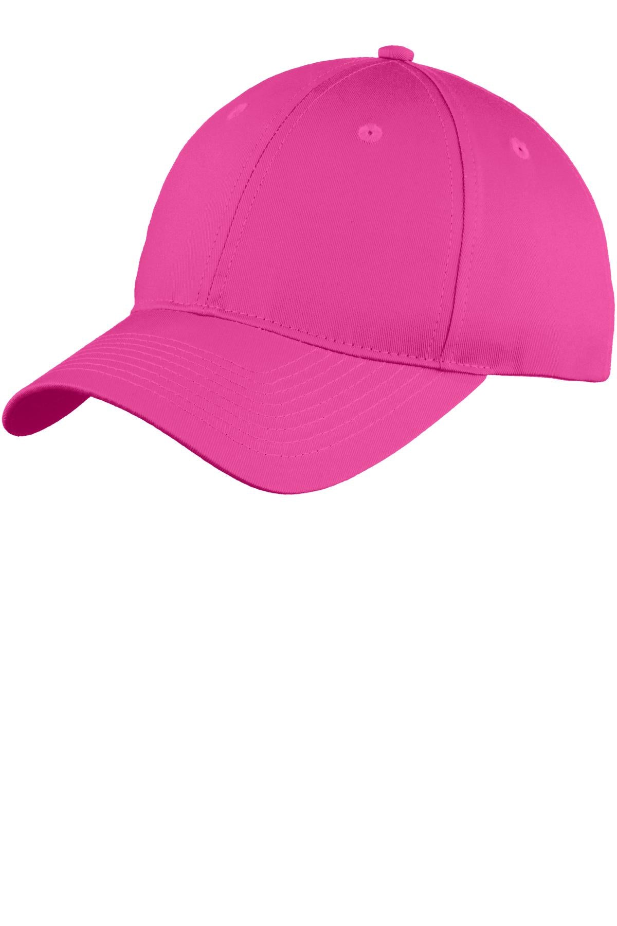 Port Authority six-panel unstructured twill cap in sangria color, front view showing adjustable strap and stitched branding.