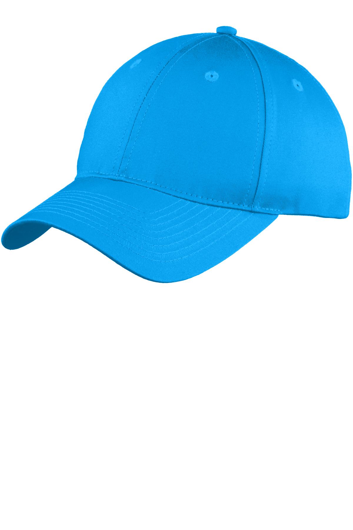 Port Authority six-panel unstructured twill cap in sapphire color, front view showing classic curved brim and relaxed fit.