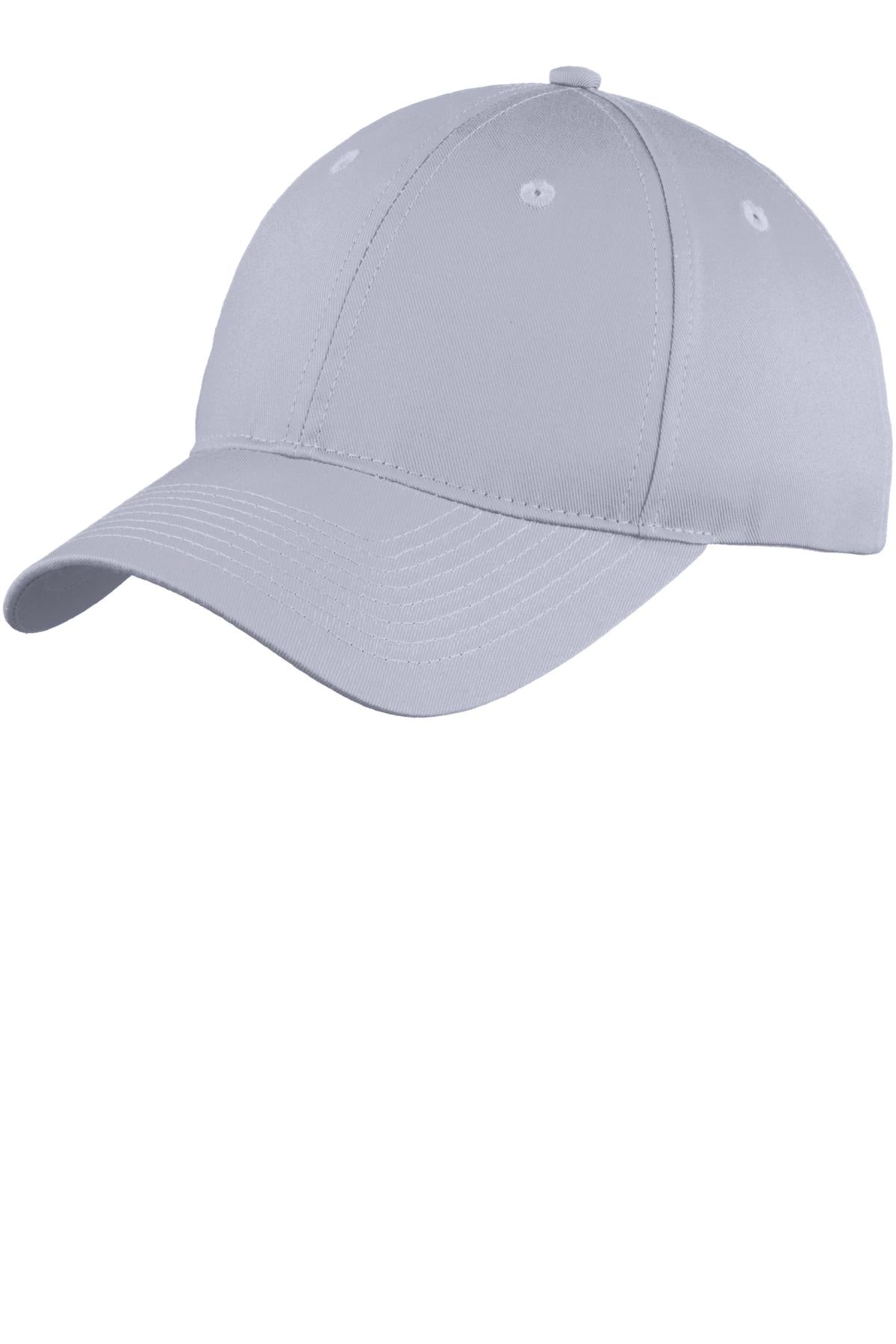 Port Authority six-panel unstructured twill cap in silver with front view showing adjustable strap and relaxed fit.
