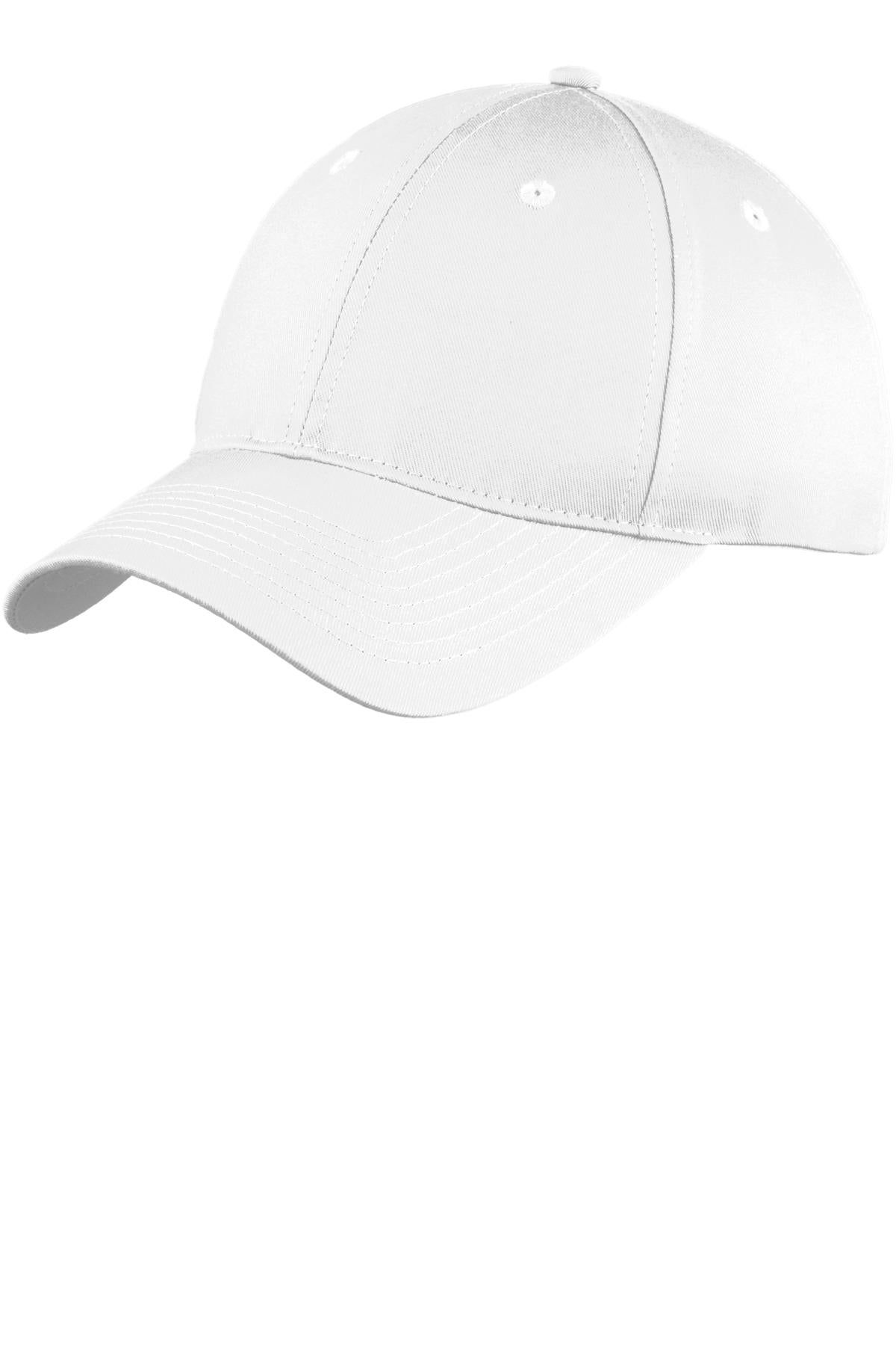 White Port Authority six-panel unstructured twill cap with curved brim and adjustable strap, front view.