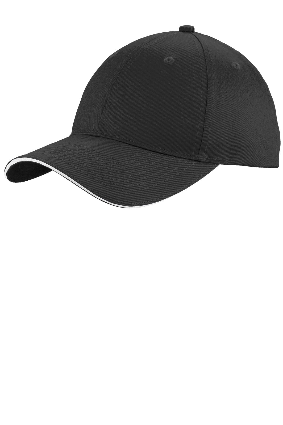 Black and white Port Authority unstructured sandwich bill cap with front view, showcasing classic baseball-style design.