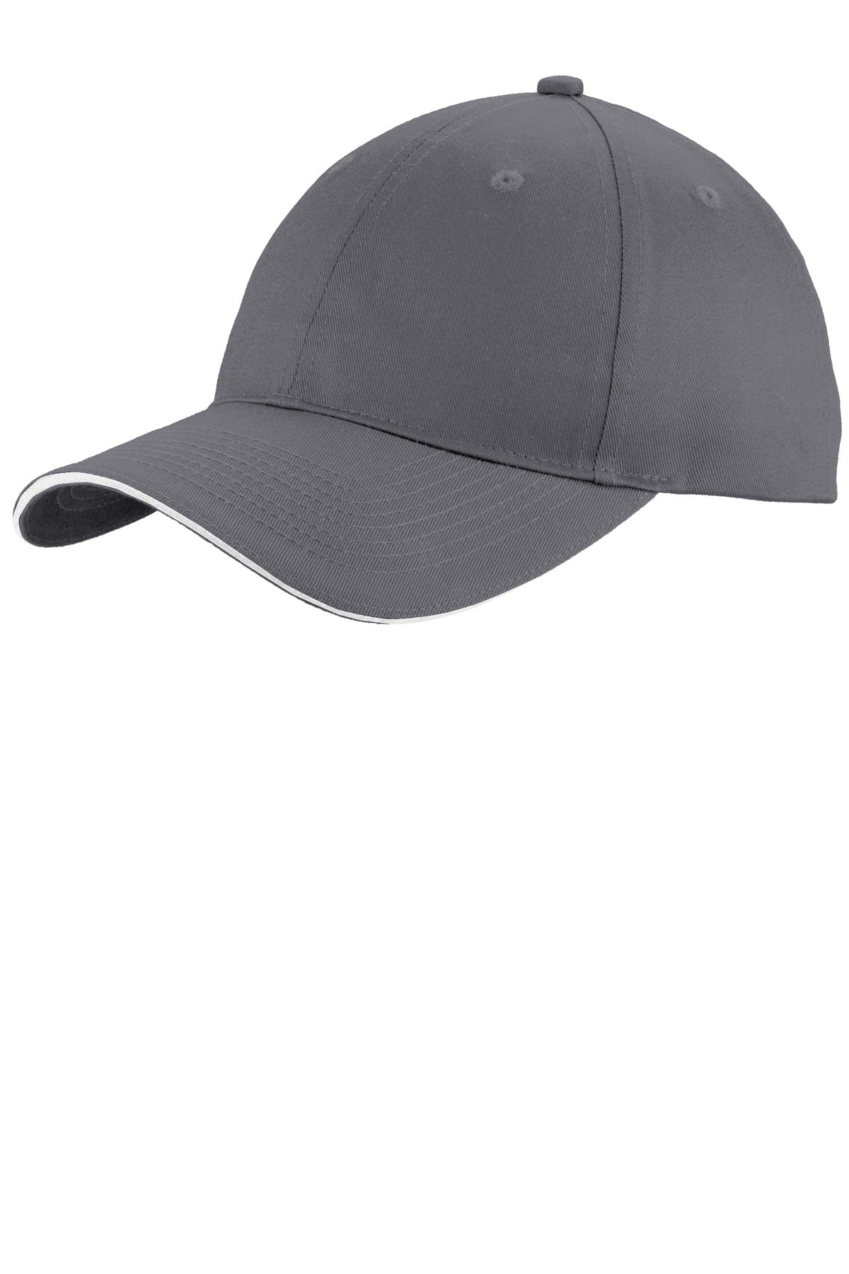 Charcoal and white Port Authority Unstructured Sandwich Bill Cap with front view and adjustable strap.
