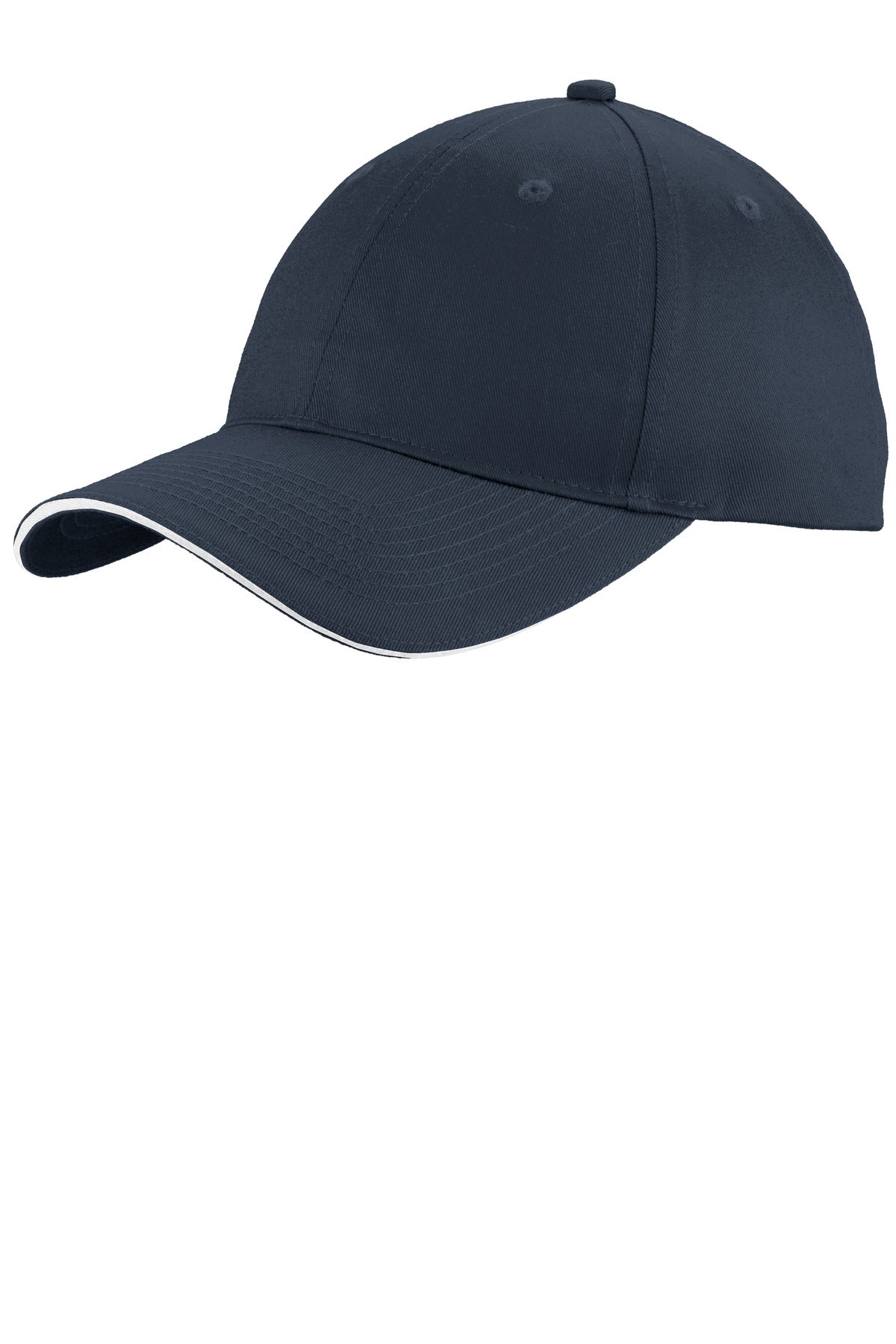 Navy and white Port Authority unstructured sandwich bill cap with front view showing adjustable strap and curved brim.