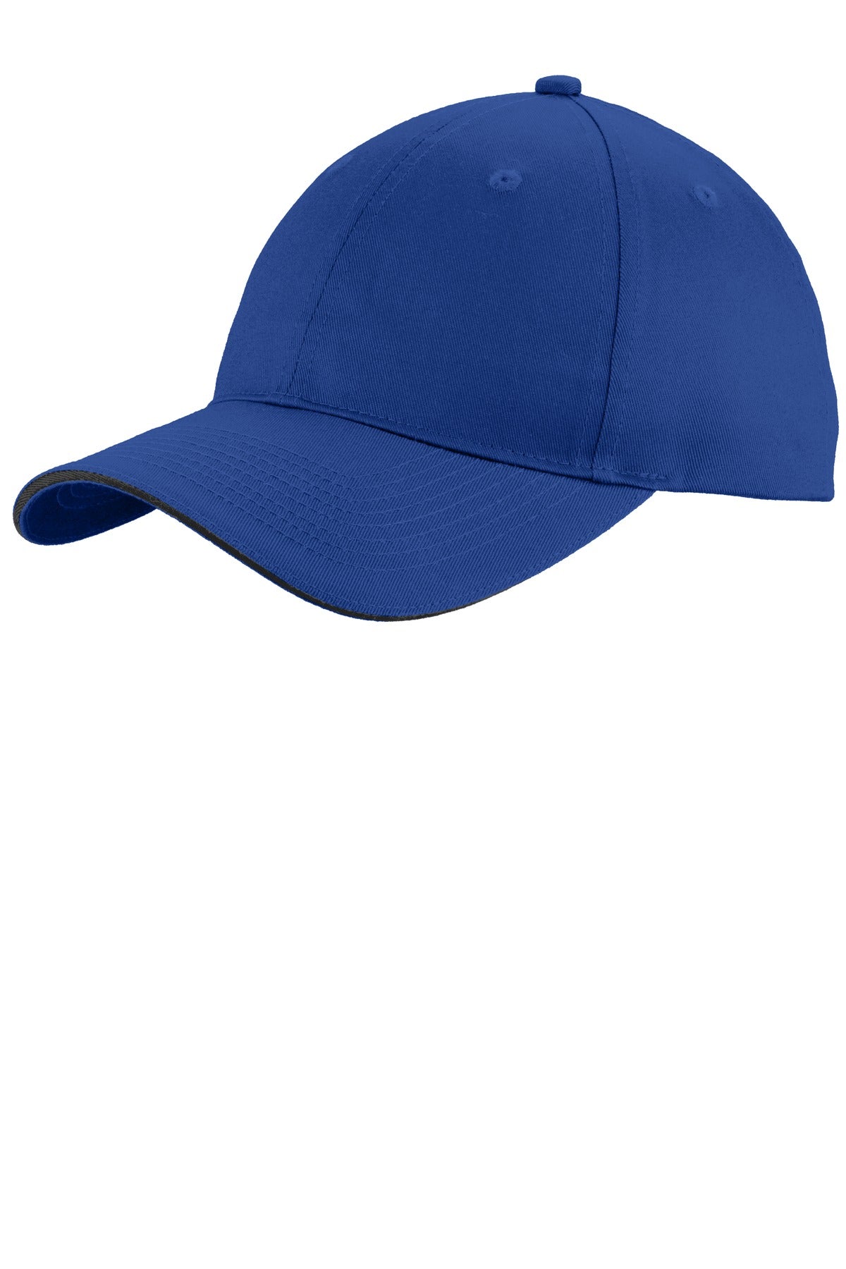 Royal and black Port Authority® unstructured sandwich bill cap with front view, showcasing its casual, relaxed design and curved brim.