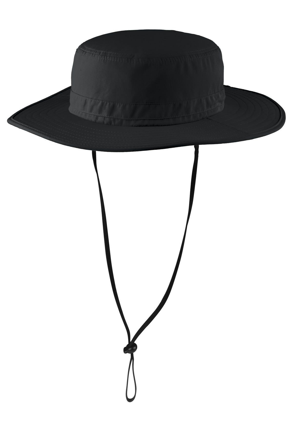 Black Port Authority outdoor wide-brim hat with a large brim, shown from the left side. Perfect for sun protection and outdoor activities.