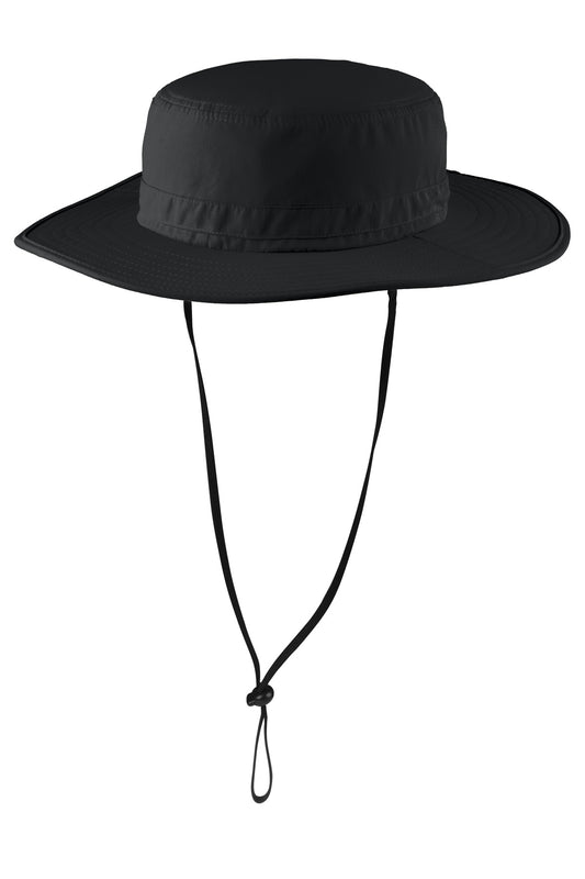 Black Port Authority outdoor wide-brim hat with a large brim, shown from the left side. Perfect for sun protection and outdoor activities.