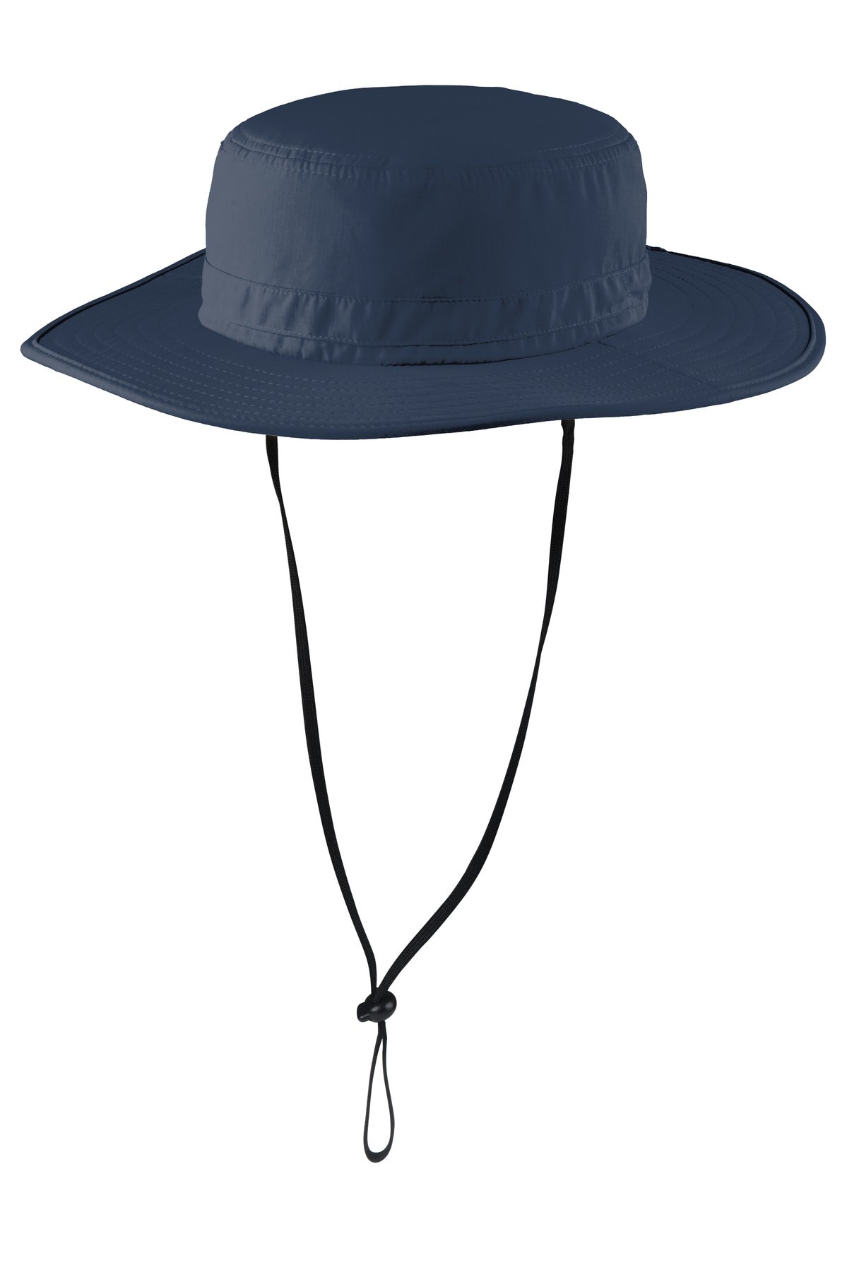 Port Authority outdoor wide-brim hat in navy blue with a flat front, designed for sun protection and casual outdoor wear.
