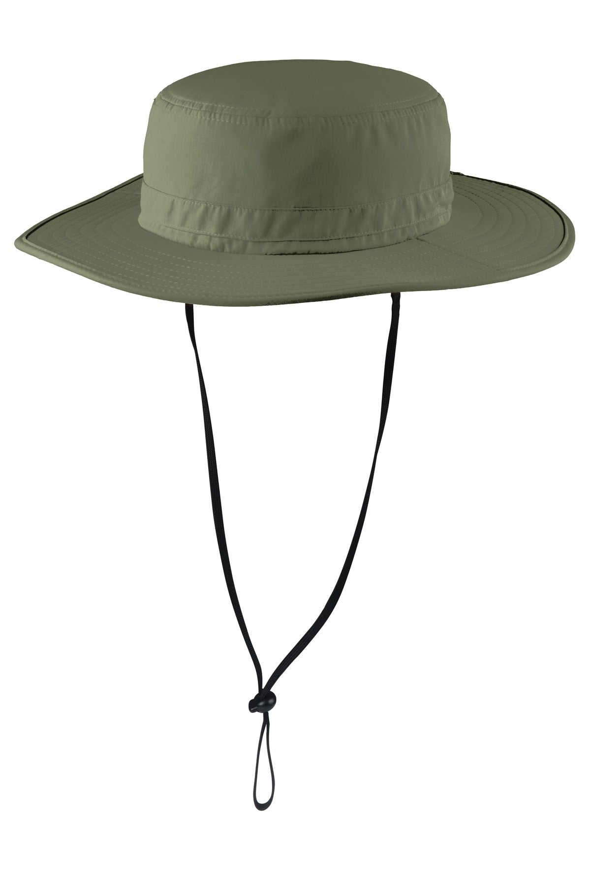 Port Authority outdoor wide-brim hat in olive leaf color, featuring a broad brim and adjustable strap for sun protection.