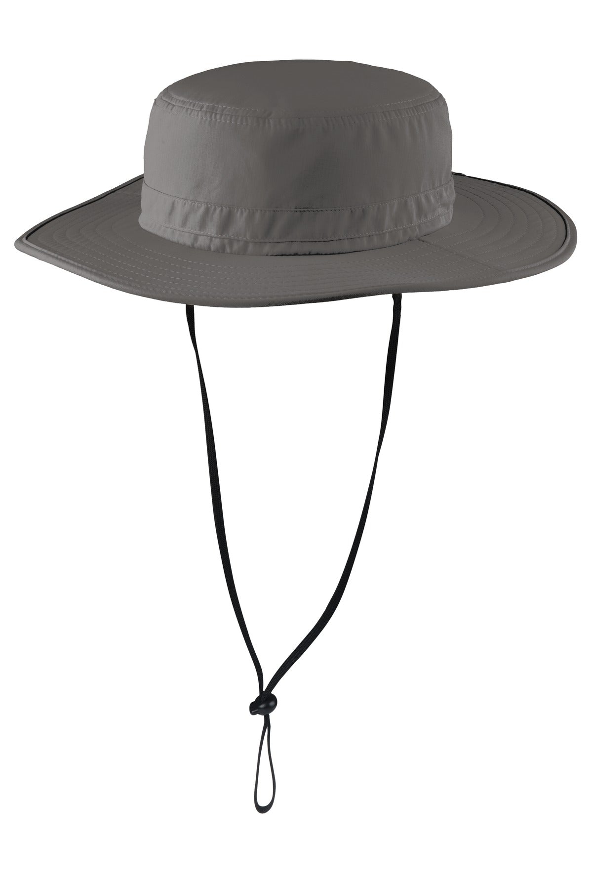 Port Authority outdoor wide-brim hat in sterling grey, shown flat front view, offering sun protection and stylish outdoorwear.