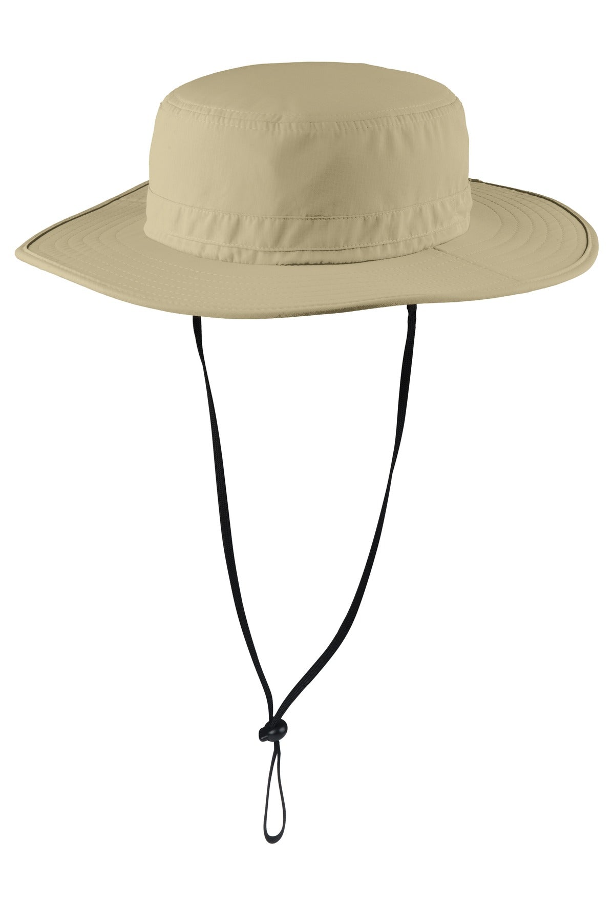 Port Authority outdoor wide-brim hat in stone color with a flat front, designed for sun protection and outdoor activities.