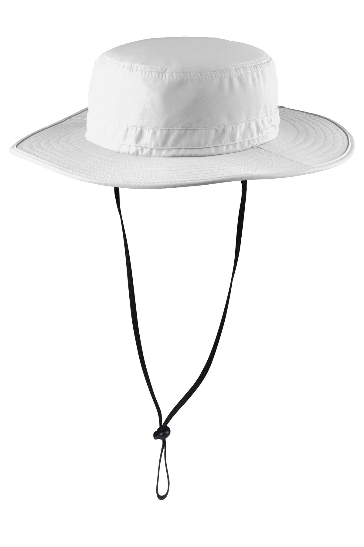 White Port Authority outdoor wide-brim hat with flat front, designed for sun protection and outdoor style.