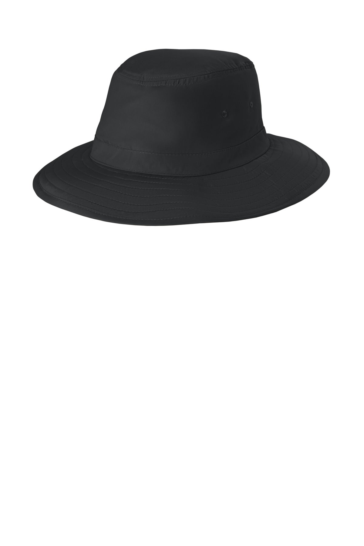 Black Port Authority Lifestyle Brim Hat viewed from the left side, featuring a classic wide brim and comfortable casual design.