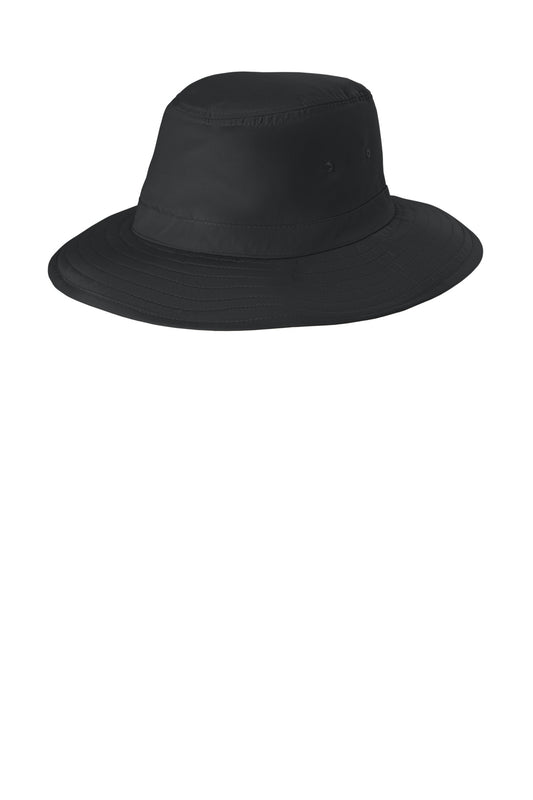 Black Port Authority Lifestyle Brim Hat viewed from the left side, featuring a classic wide brim and comfortable casual design.