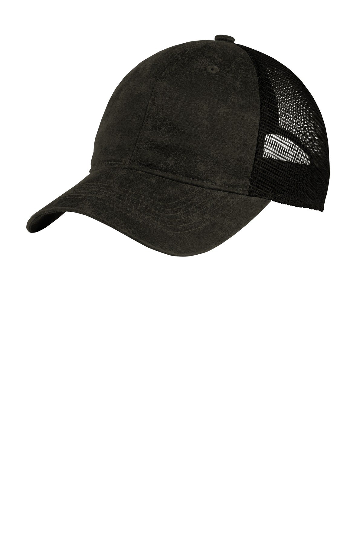 Black Port Authority pigment print mesh back cap with flat front panel and adjustable strap.