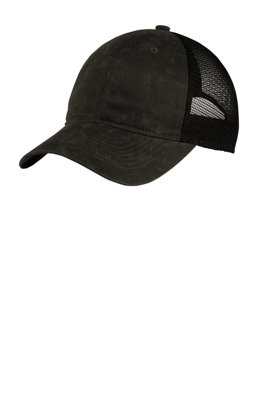 Black Port Authority pigment print mesh back cap with flat front panel and adjustable strap.